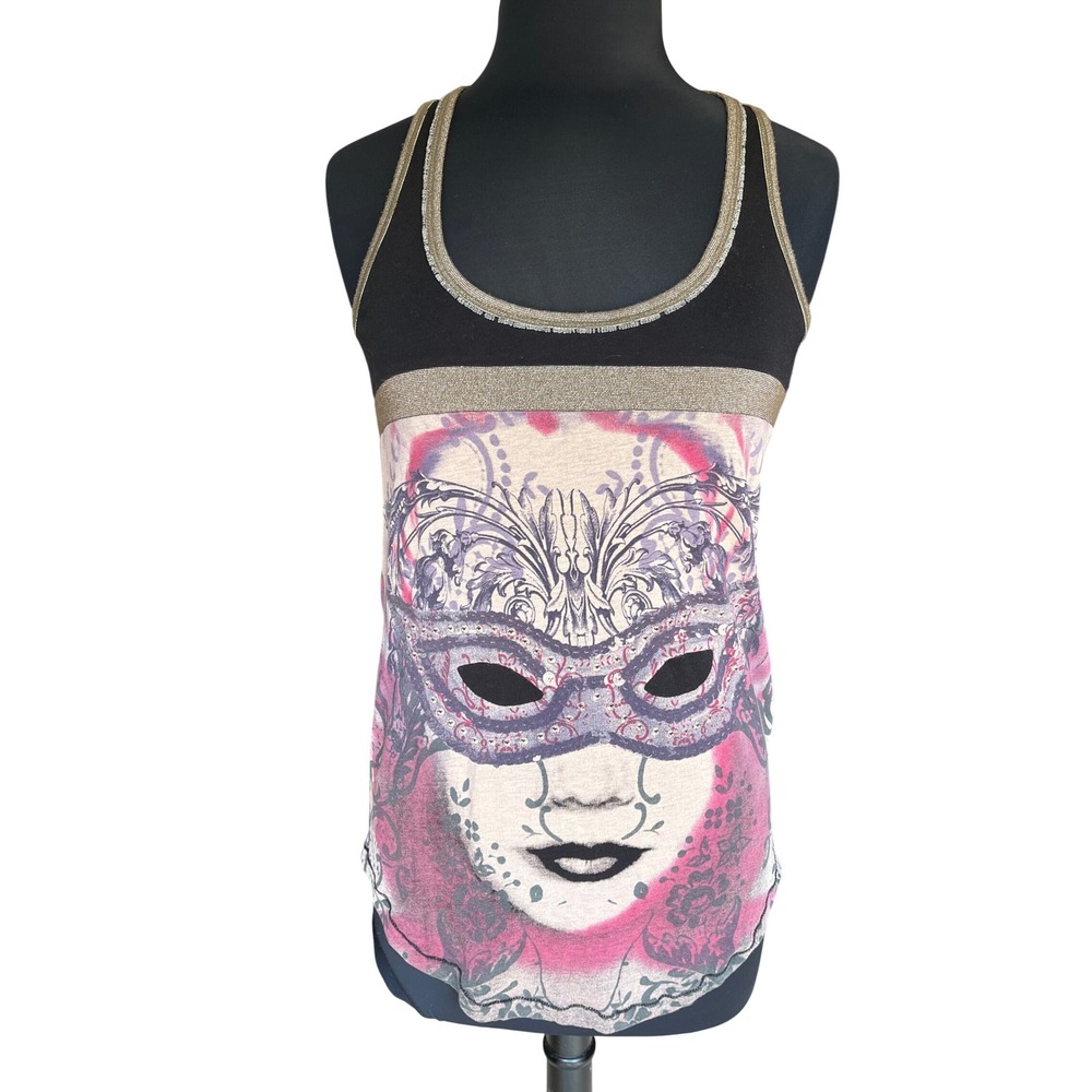 Custo Barcelona Masquerade Mask Rhinestone Graphic Tank Top Pink Black Gold 1